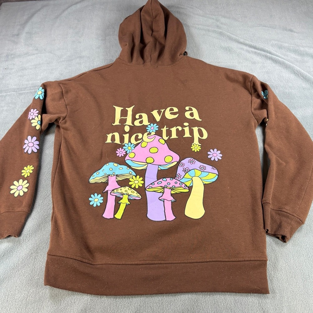 Faded Rose Brown Have a Nice Trip Mushroom Zip Up Hoodie Small Floral Sleeves